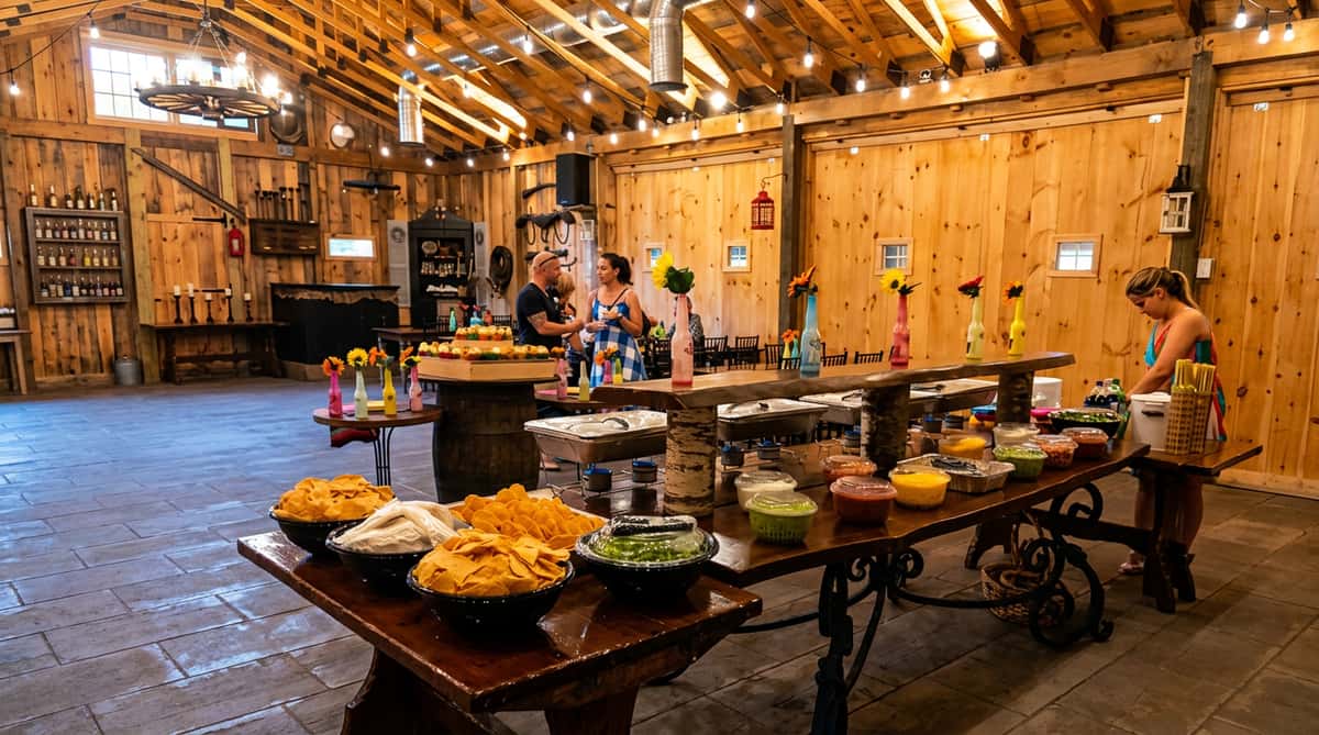 A buffet table with tortilla chips, dips, and hot food chafing dishes inside a barn with wooden walls and exposed rafters.