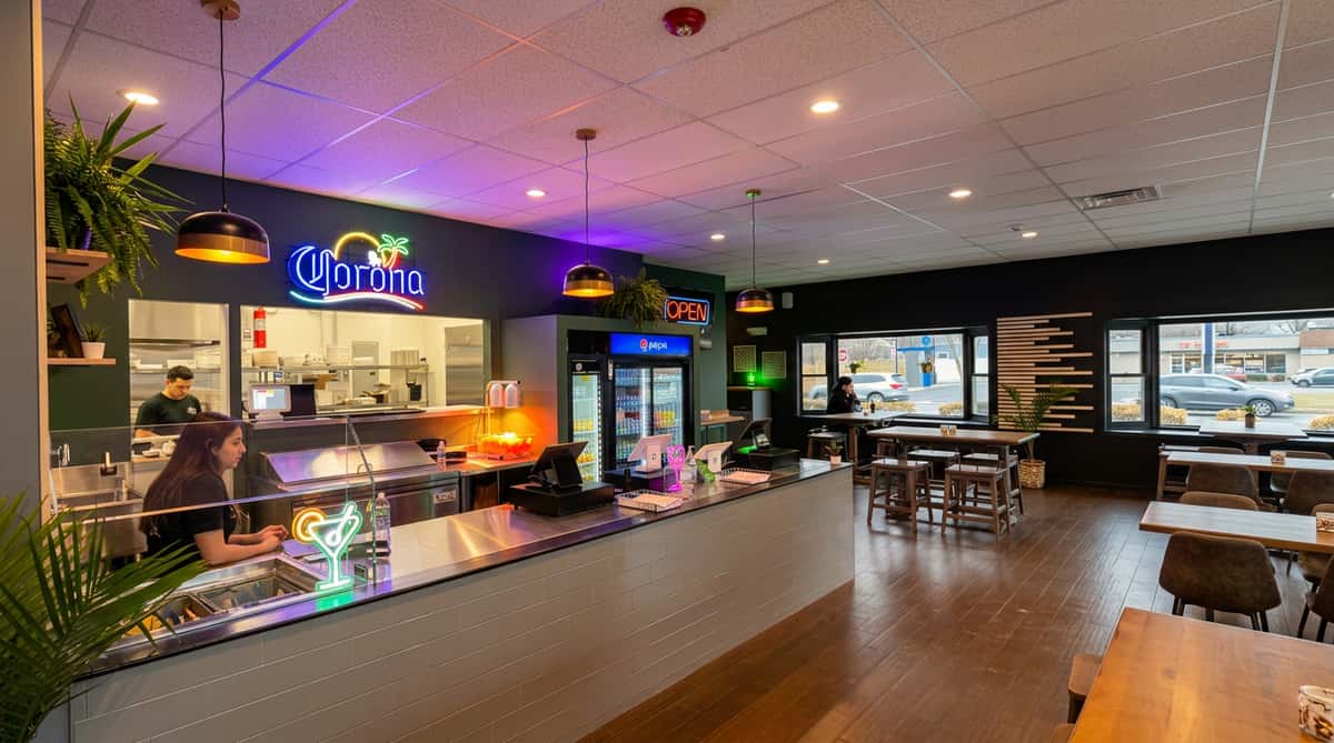 Restaurant interior with a neon "Corona" sign, a counter, and dining tables near a window.