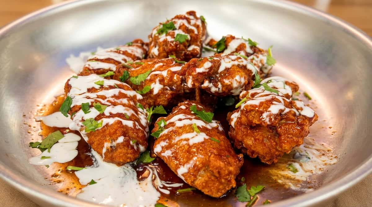 Buffalo chicken wings in a foil container, topped with blue cheese crumbles and green onions, with ranch dip.