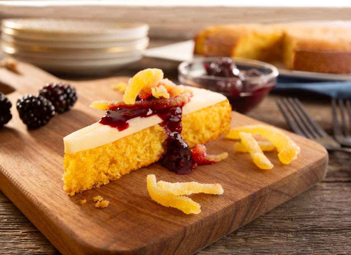 Truffle Gouda with Olive Oil Cake and Blackberry Compote