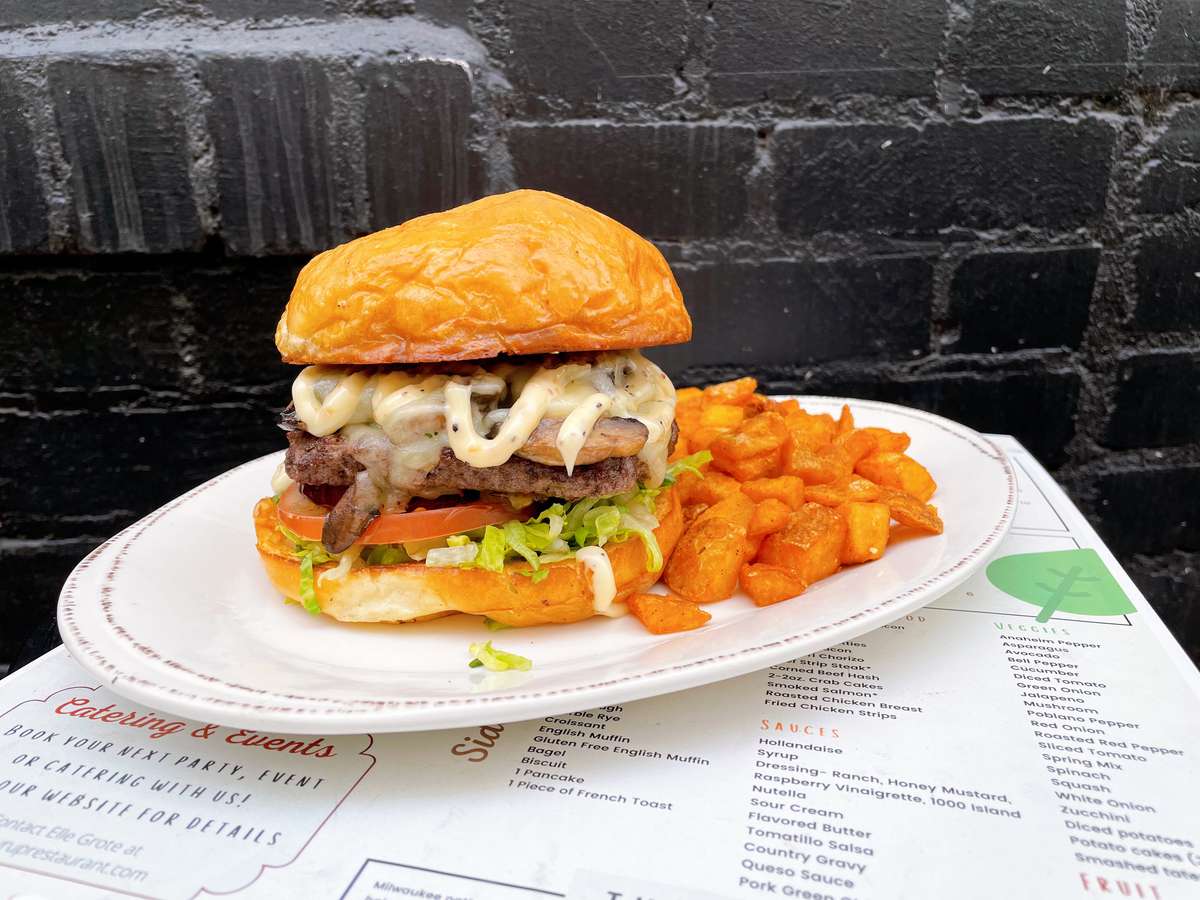 Pan-Seared Pork Burgers with Peppers and Mushrooms