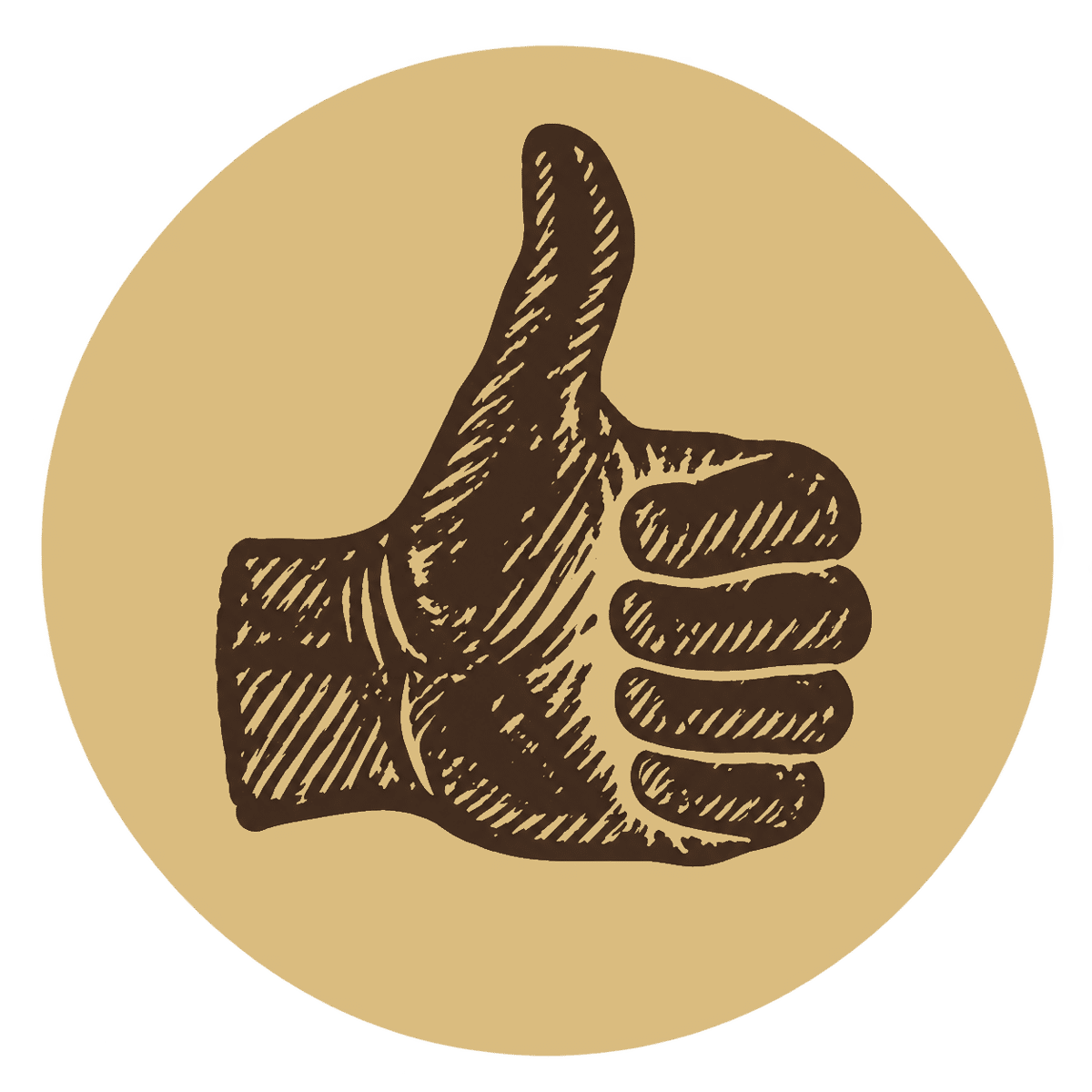 Brown vintage-style thumbs-up illustration inside a solid gold circle.