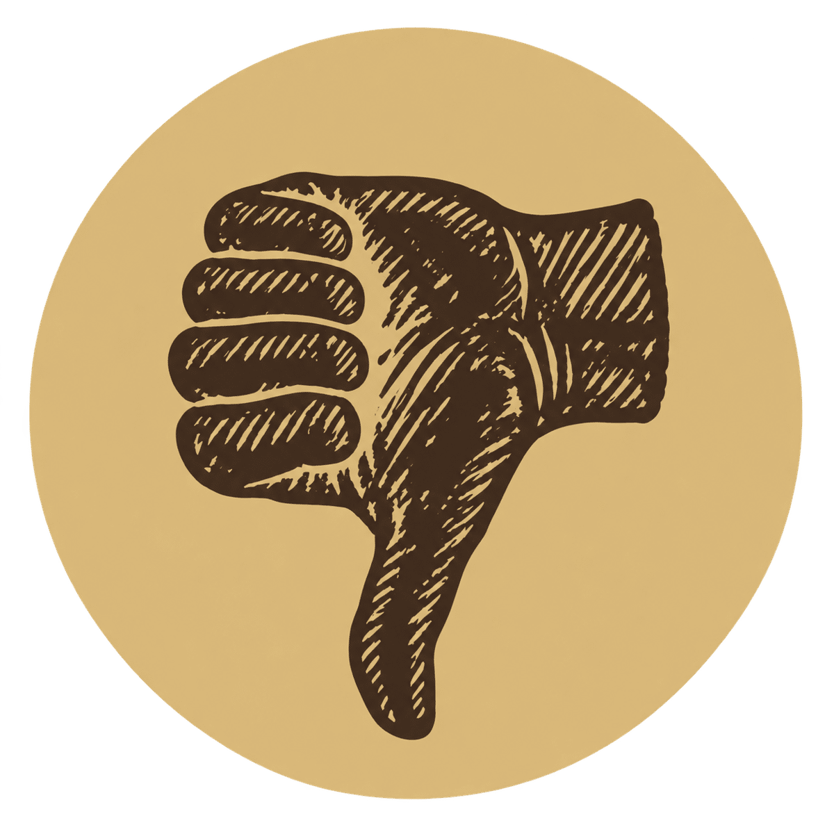 Brown vintage-style thumbs-down illustration inside a solid gold circle.