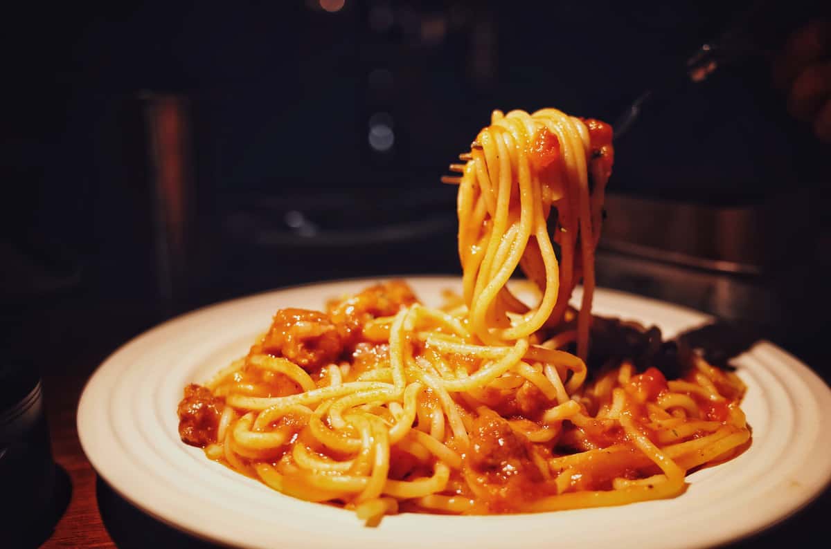 Spaghetti on a plate.