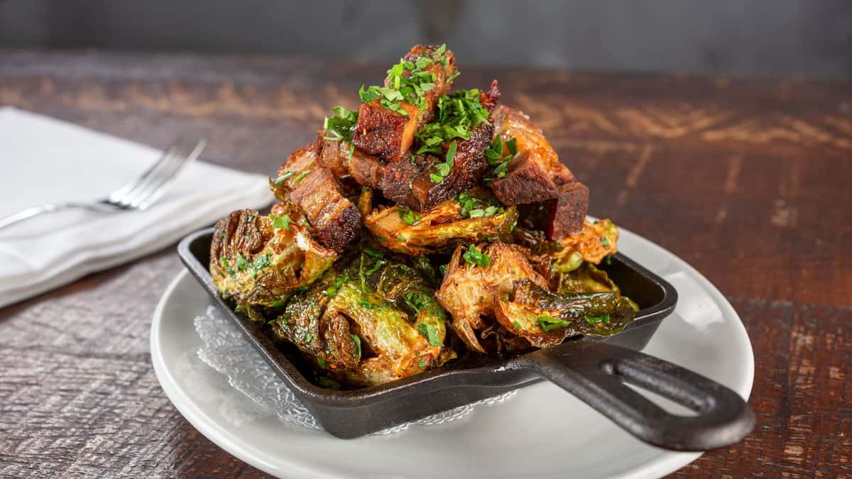 Crispy Kurobuta Pork Belly with Cast Iron Roasted Brussels Sprouts