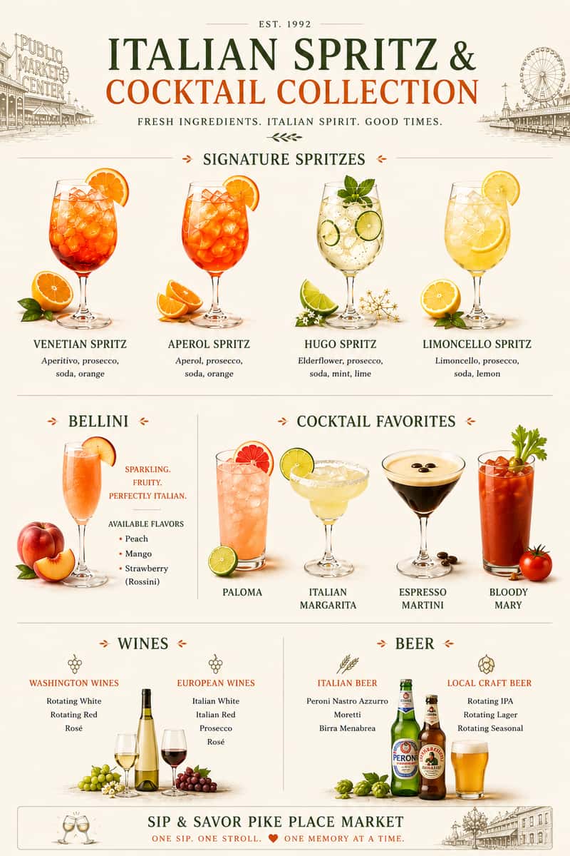 Italian spritz and cocktail collection from Pizza and Pasta Bar at Pike Place Market