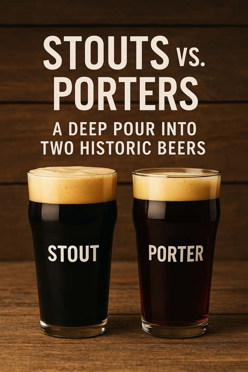 Stout vs Porter comparison photo featuring two pint glasses on a wooden table. Left glass labeled 'Stout' with a dark black color and creamy head; right glass labeled 'Porter' with a deep brown hue and tan foam. Text above reads 'Stouts vs. Porters: A Deep Pour into Two Historic Beers'.