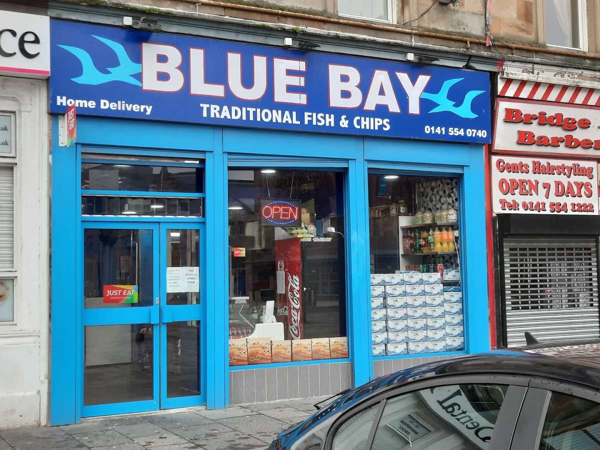 Exterior of Blue Bay fish and chip takeaway at Bridgeton Cross in Glasgow.