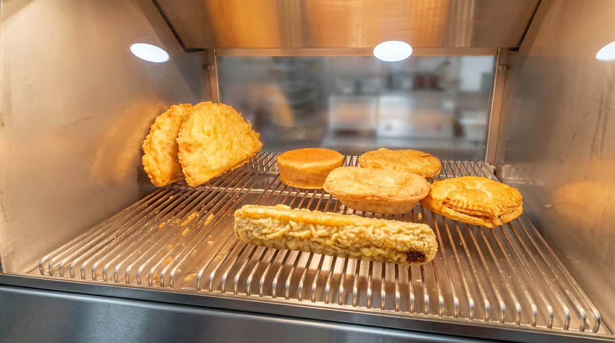 Freshly cooked chip shop favourites displayed under heat lamps at Blue Bay.