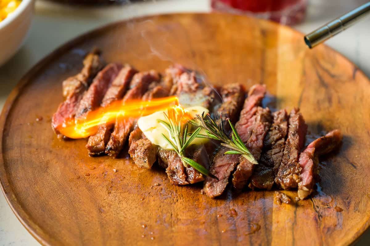 steak with flames