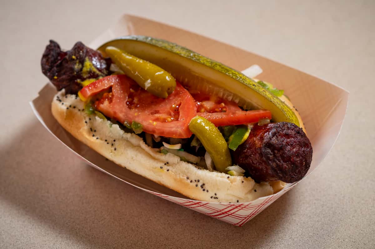 All beef Chicago-style Polish Sausage that comes with mustard, relish, onions, tomatoes, pickle, sport peppers and celery salt. One of our favorites! Accompanied with French fries and a 20oz Soft Drink. Upgrade it with a Vanilla Shake. It's worth it!!