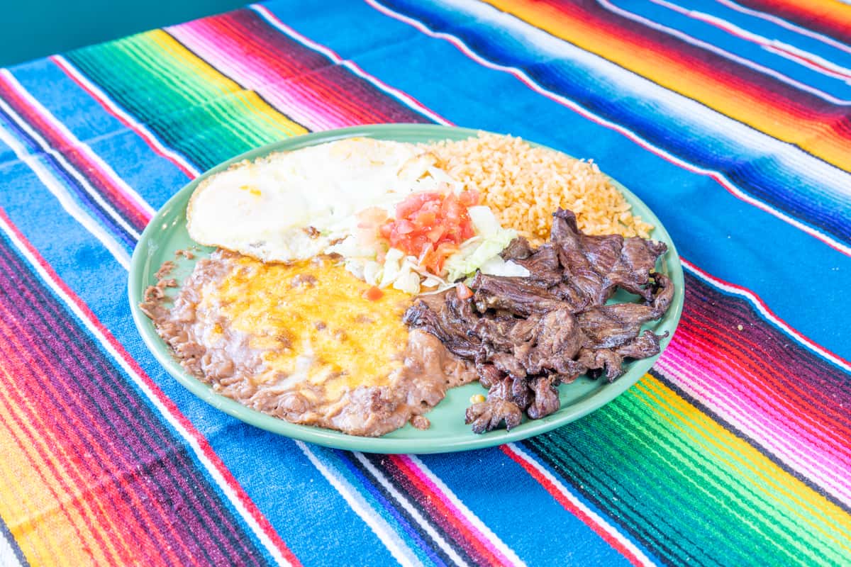 Steak and Eggs on a round dish