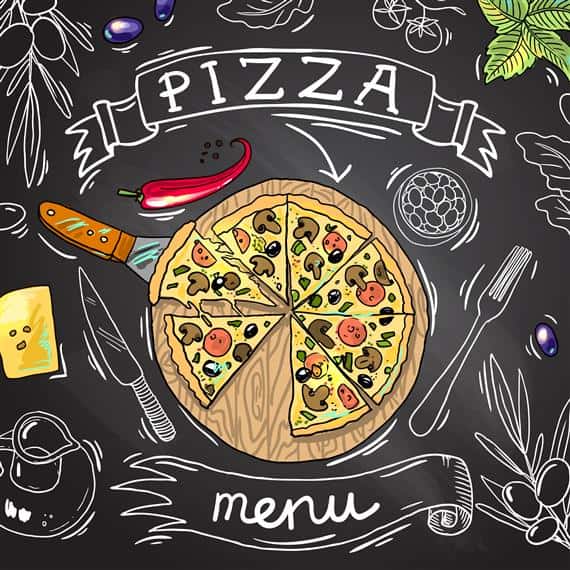 Cartoon drawing of pizza pie on chalkboard. Text reading Pizza Menu.