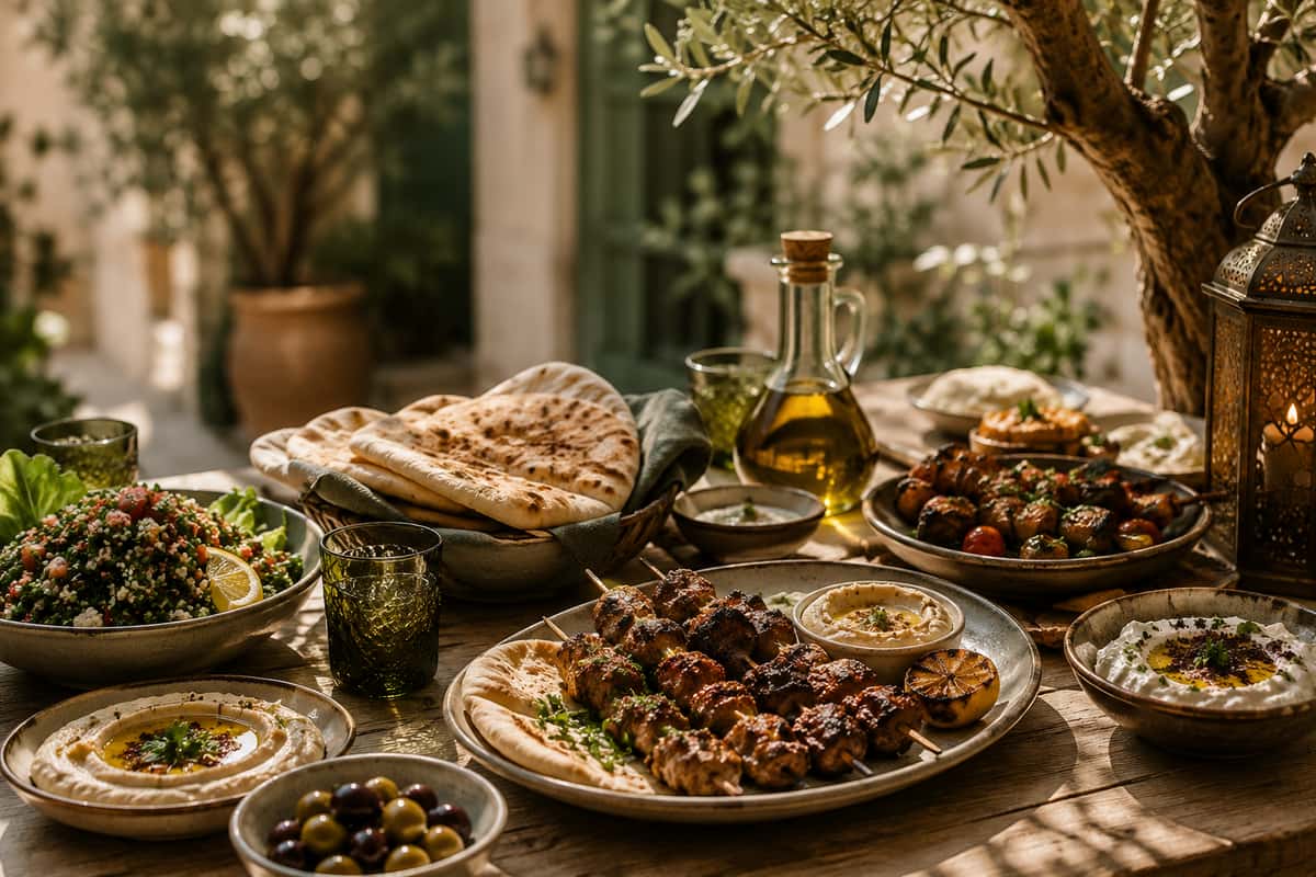 Outdoor Mediterranean dining table featuring grilled chicken kebabs, creamy hummus, warm pita bread, tabbouleh salad, olives, and traditional mezze served in a sunlit courtyard with olive trees and rustic Mediterranean ambiance.