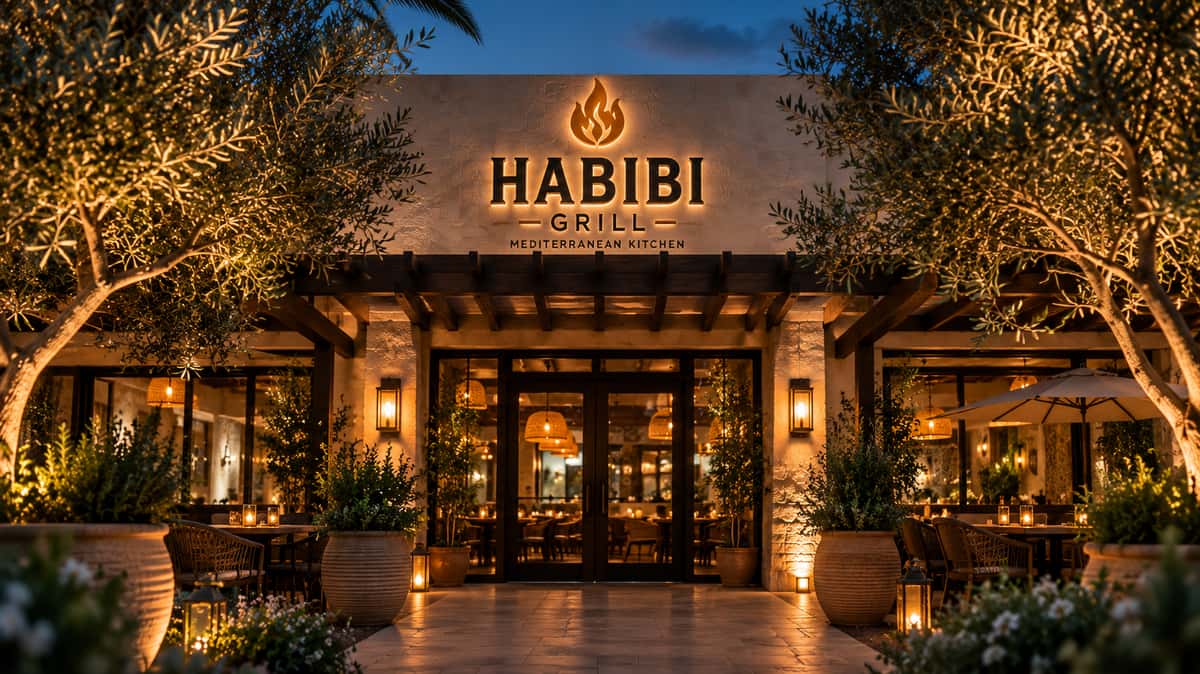 Exterior of Habibi Grill Mediterranean Kitchen at dusk featuring a warmly lit entrance, inviting outdoor patio seating, olive trees, and elegant Mediterranean-inspired architecture.