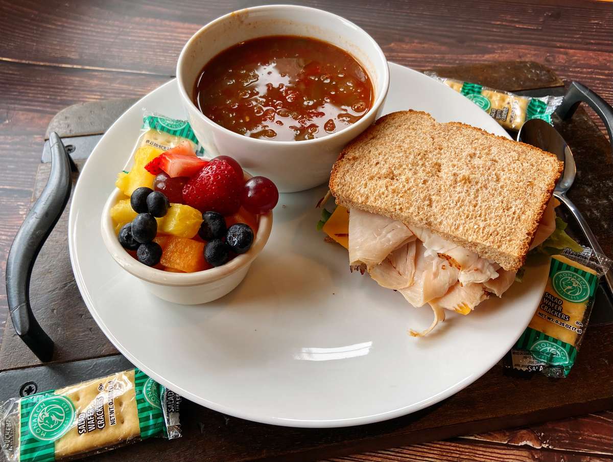 Turkey Sandwich with soup and fruit