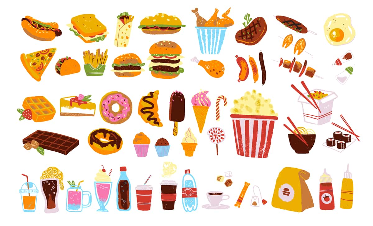 Variety of illustrated snacks
