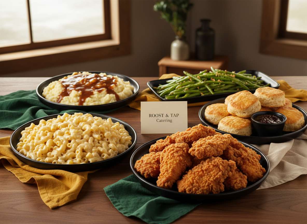 Chicken, mashed potato, green bean and macaroni platters