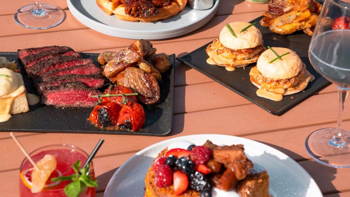 flatylay of brunch food on a wooden table