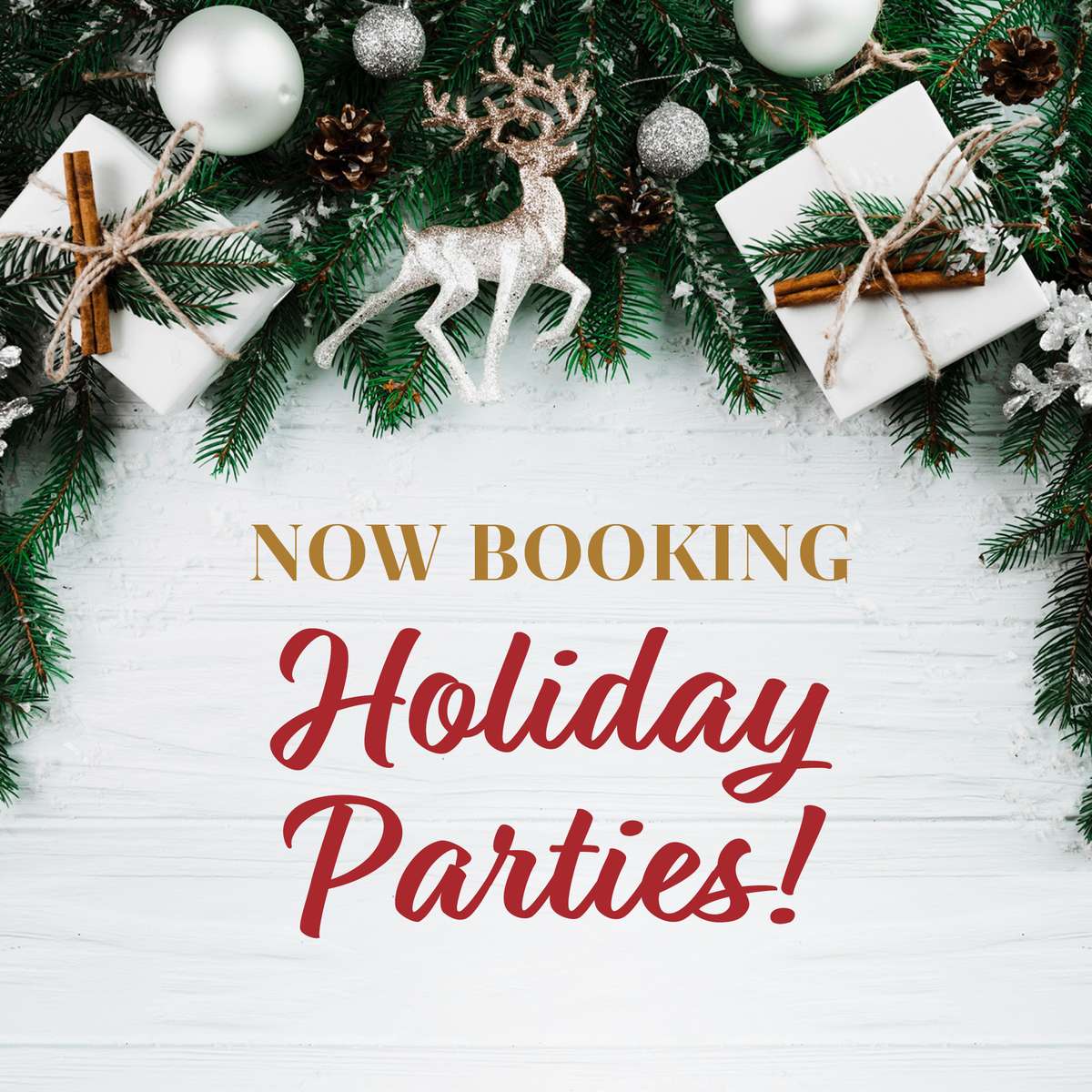 holiday parties graphic with wreath and reindeer