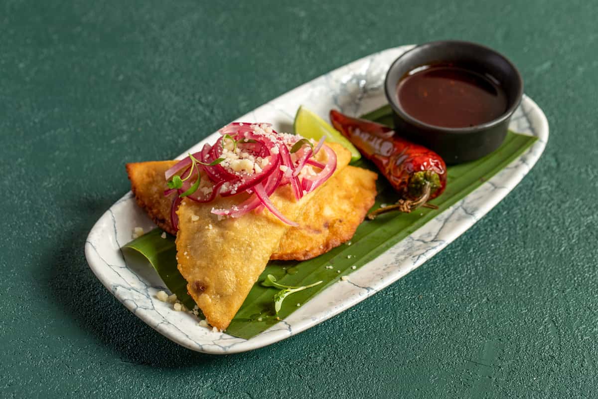 Beef Birria Empanadas with sauce and pickled onions