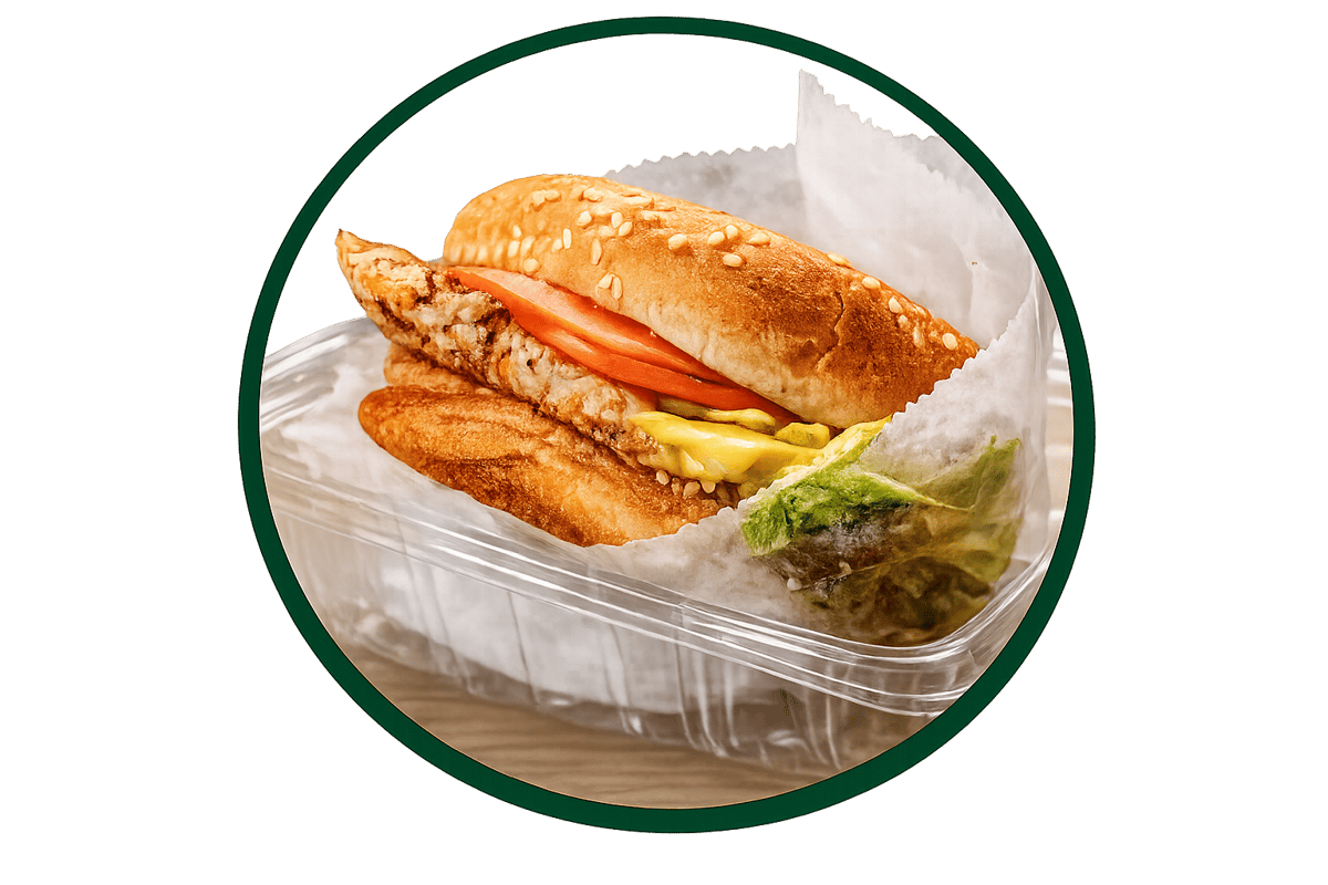 Grilled chicken sandwich with melted cheese, tomato, lettuce, and pickles served in a takeout container