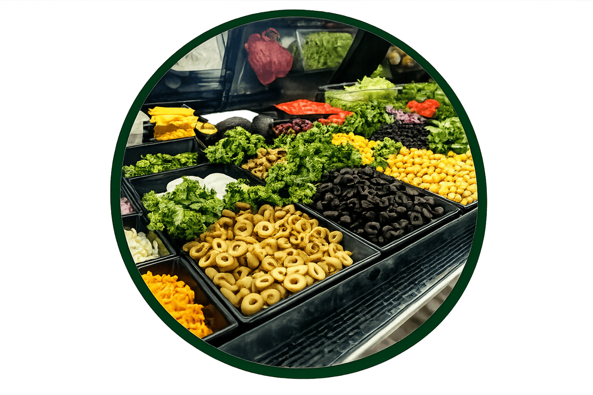 Fresh salad bar with lettuce, olives, chickpeas, vegetables, and assorted toppings displayed in a restaurant buffet station