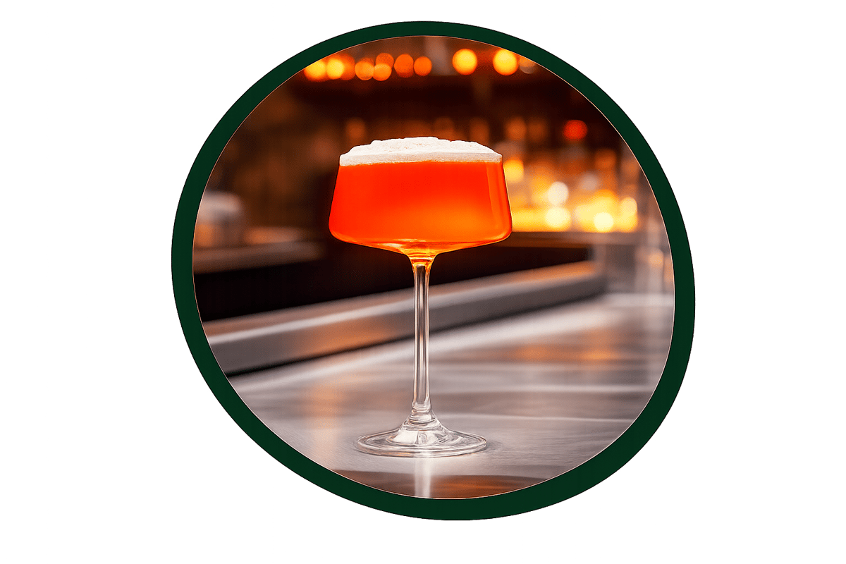 Craft cocktail with a frothy top served in an elegant coupe glass at a stylish restaurant bar