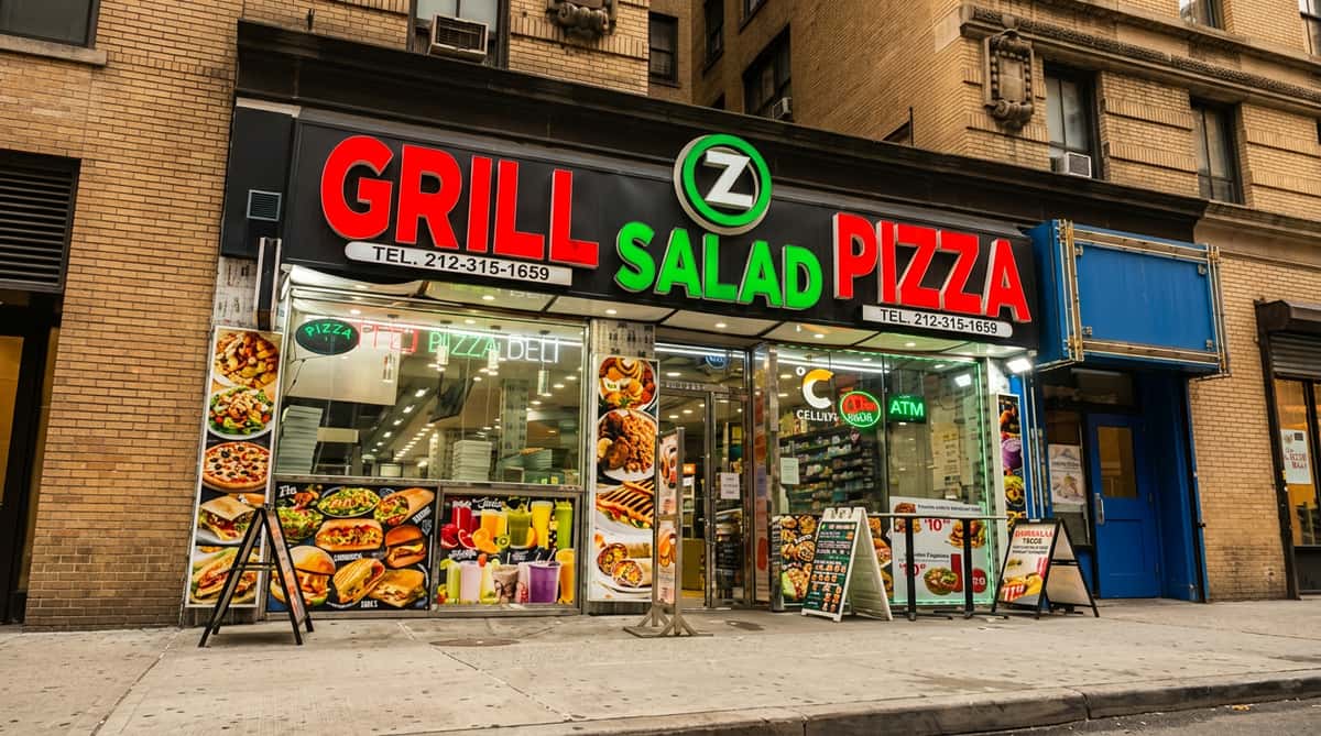 Storefront of "Grill Z Salad Pizza" with red and green neon signage above large display windows showing food items.