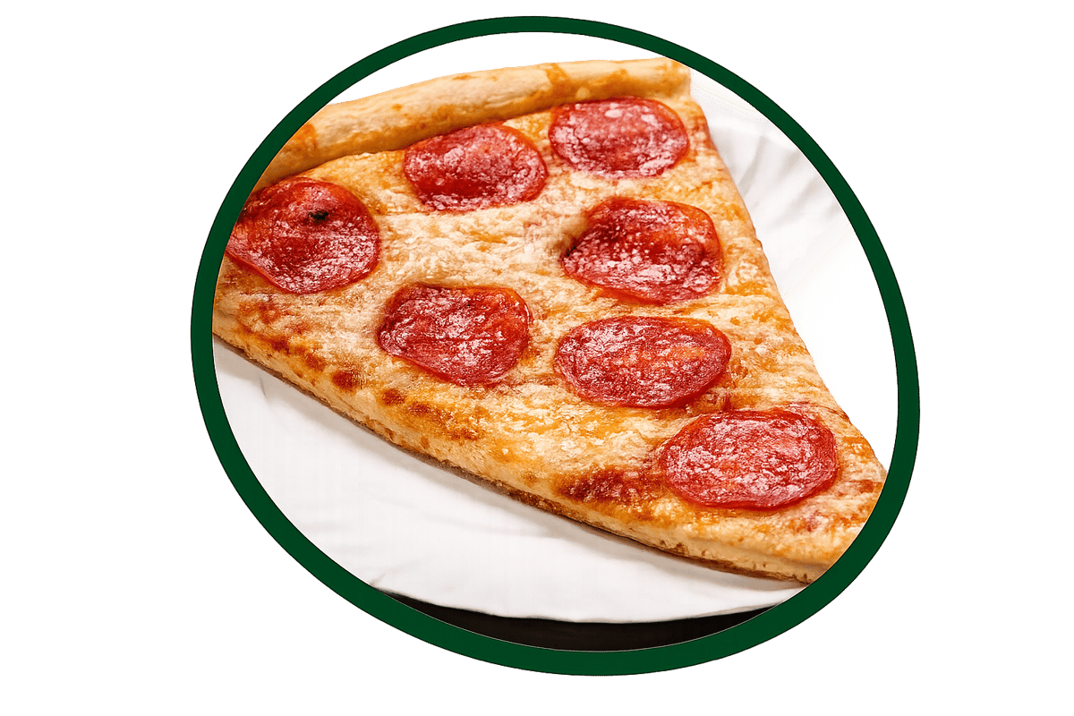 Large slice of pepperoni pizza with melted cheese and crispy crust served on a white plate