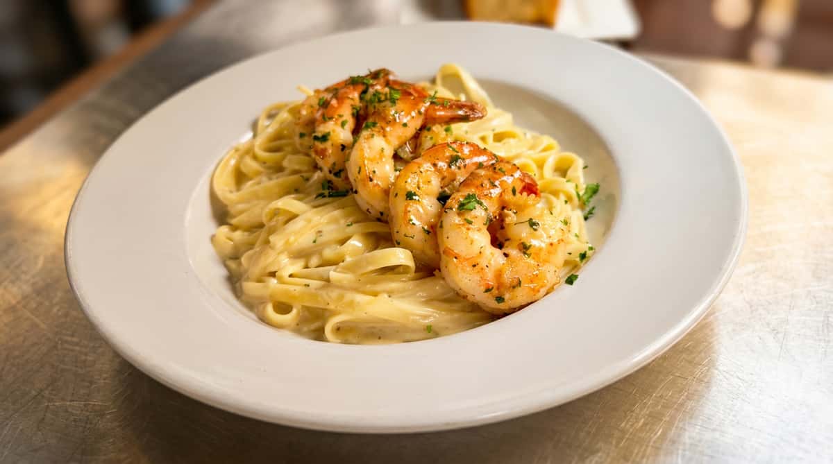 Fettuccine Alfredo with five shrimp, garnished with fresh chopped parsley, served in a white bowl.
