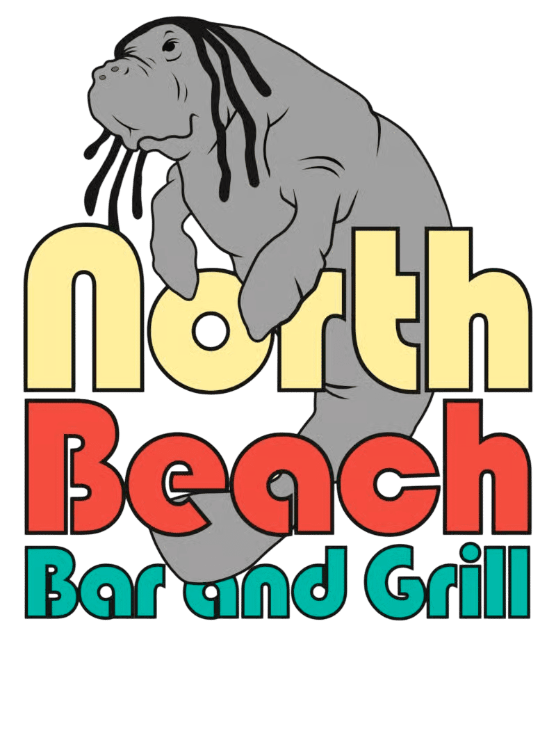 Logo for North Beach Bar and Grill featuring a cartoon manatee with dreadlocks resting across colorful text, located in Tybee Island, GA.