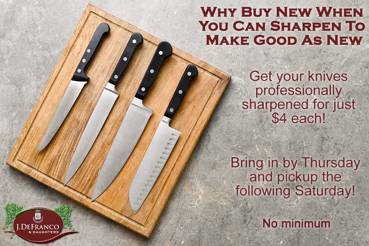 why buy new when you can sharpen to make good as new get your knives professionally sharpened for just $4 each! bring in by thursday and pickup the following saturday! no minimum