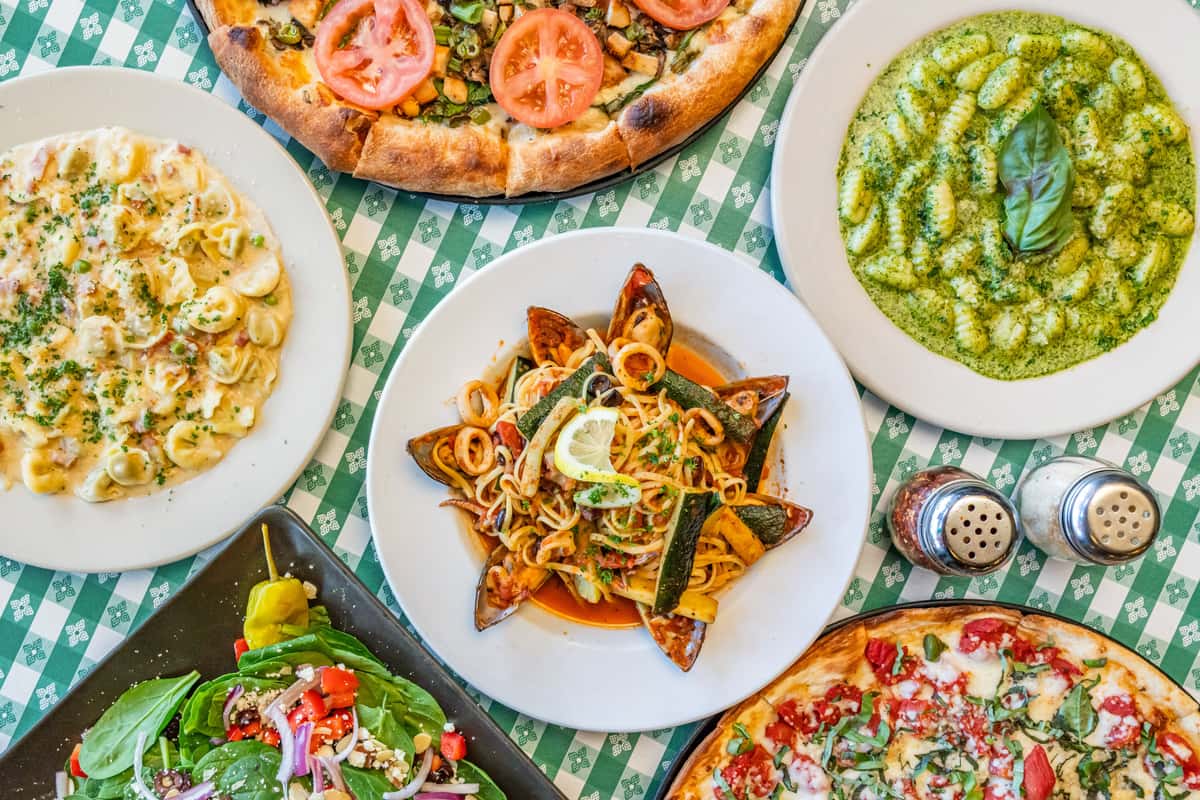 Group shot of Italian food in top view