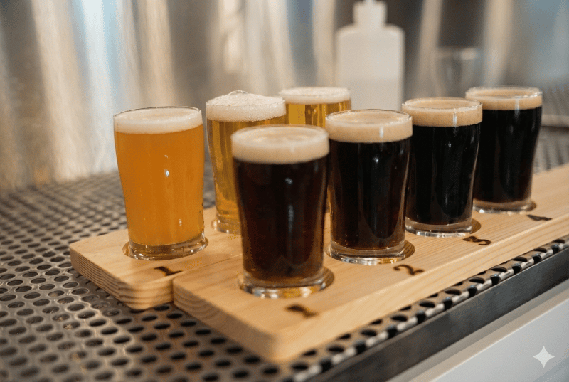 Craft beer flight featuring a variety of Alidade Brewing beers, including light ales, amber brews, and dark stouts served in tasting glasses.