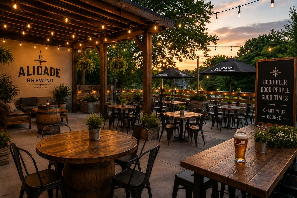 Alidade Brewing outdoor patio in Newport, RI featuring string lights, shaded tables, craft beer, and a welcoming open-air brewery atmosphere at sunset.