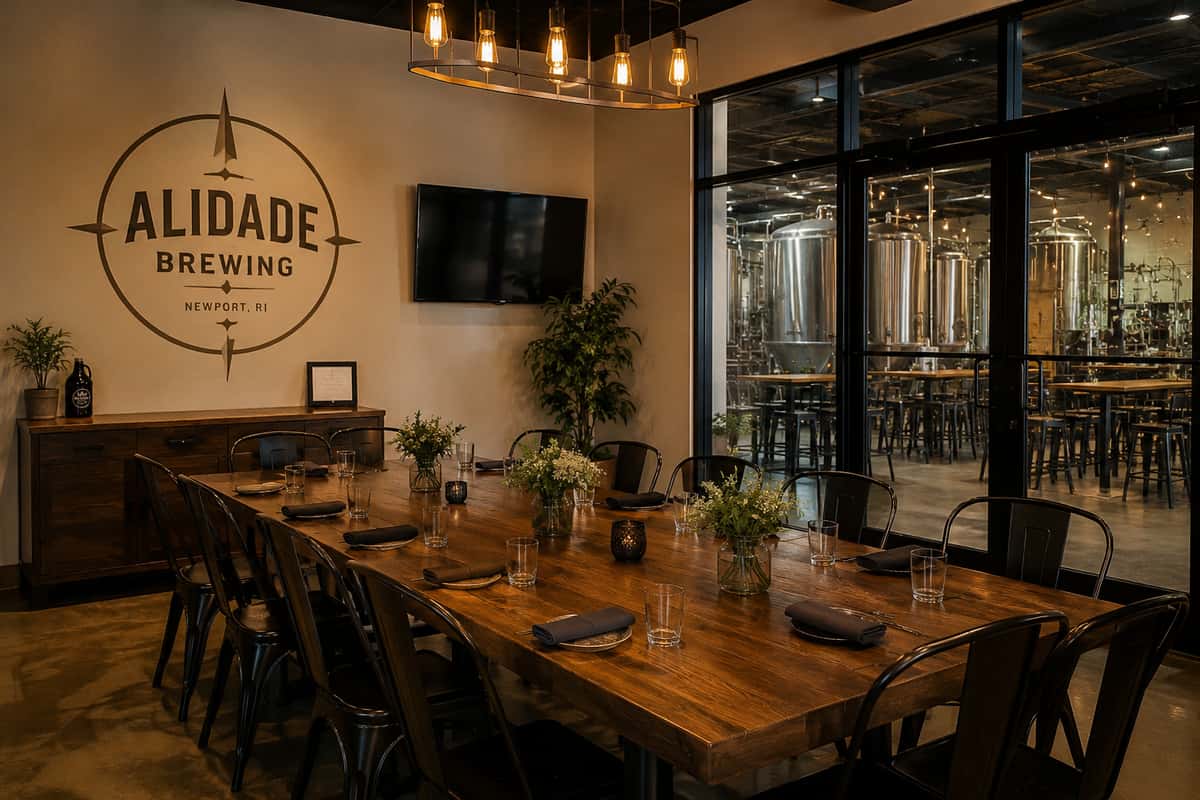 Private dining room at Alidade Brewing in Newport, RI with a large communal table, modern industrial décor, and views into the brewery's stainless steel brewing tanks.