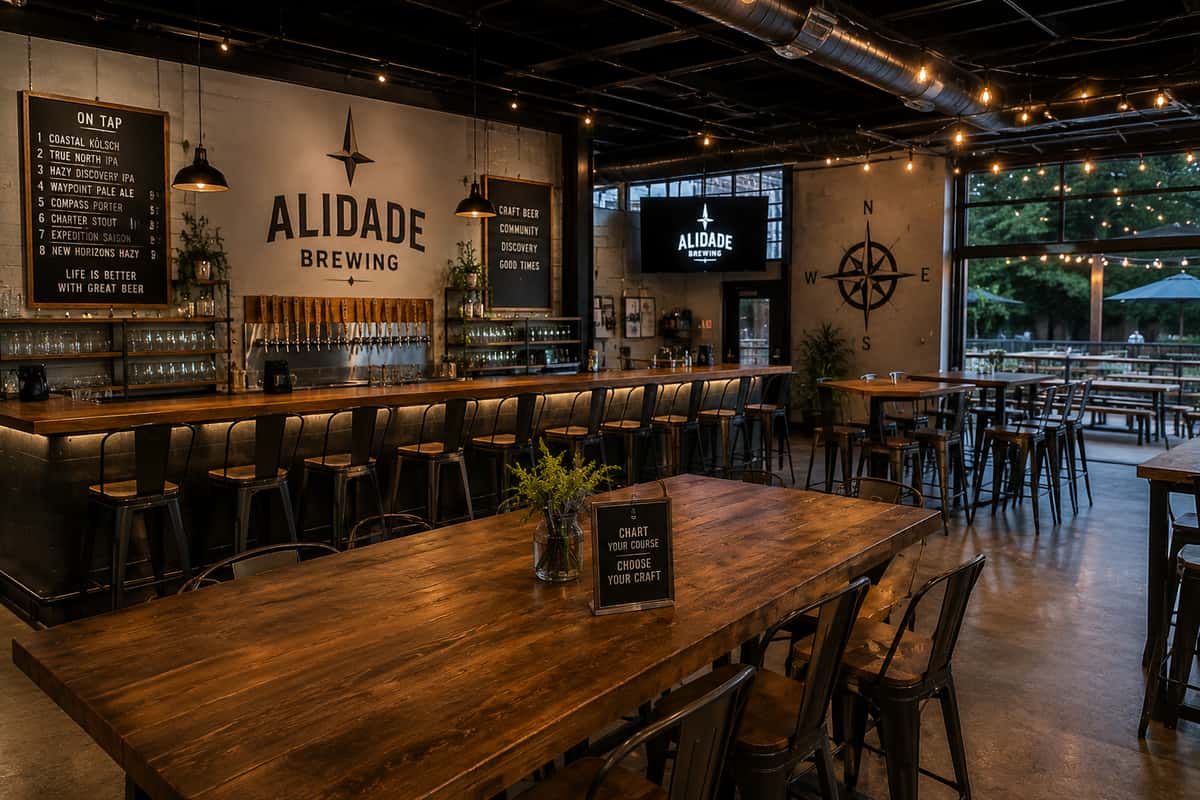 Spacious Alidade Brewing taproom in Newport, RI with a long craft beer bar, tap handles, communal tables, and warm industrial-style seating.