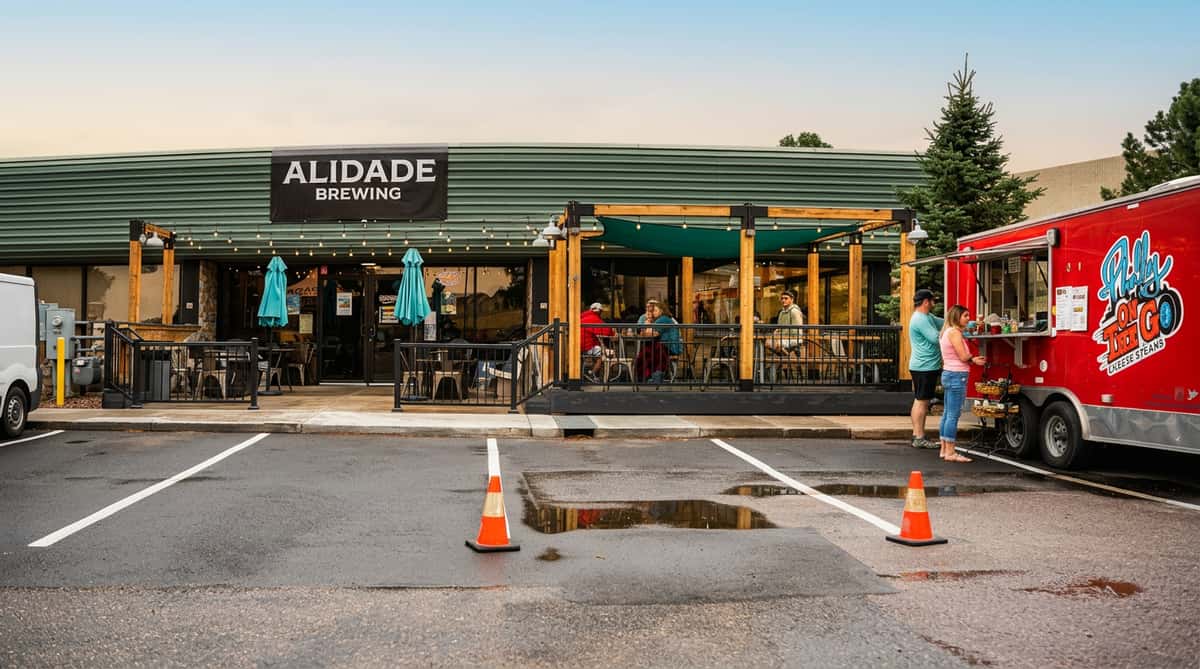 Brewery exterior with outdoor seating, a few customers, a red food truck, and a wet asphalt parking lot with orange cones.