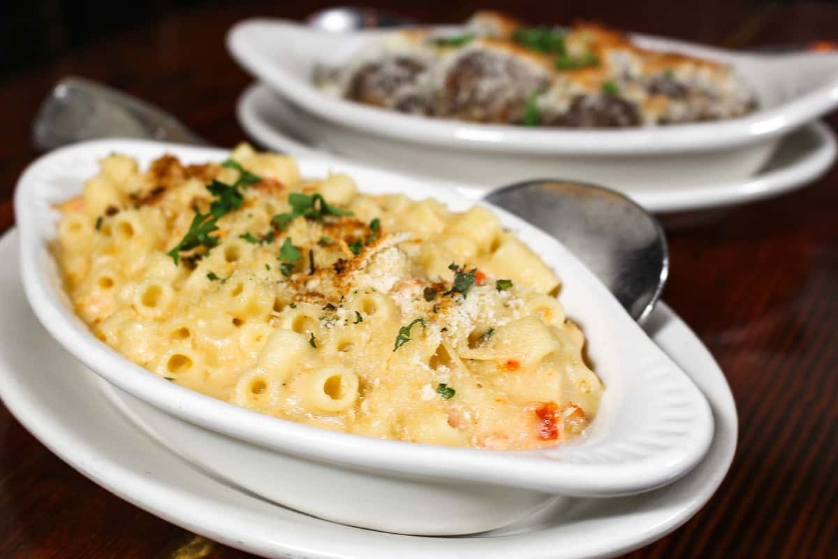 Creamy lobster macaroni and cheese baked until golden.