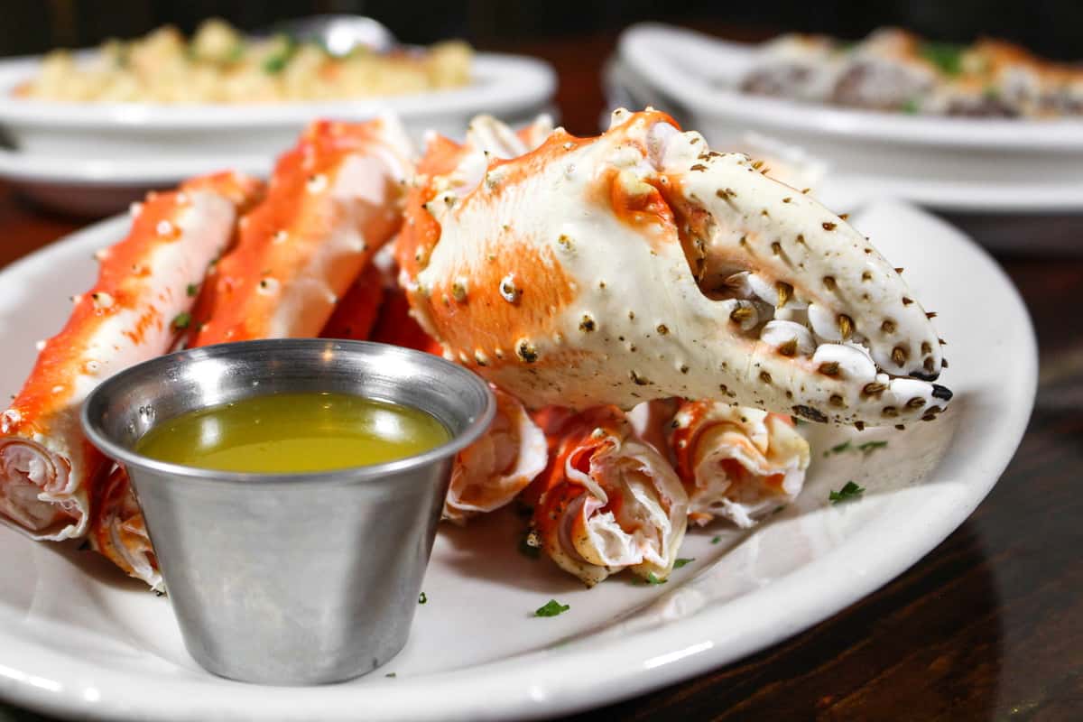 Fresh Alaskan king crab legs served with warm drawn butter.