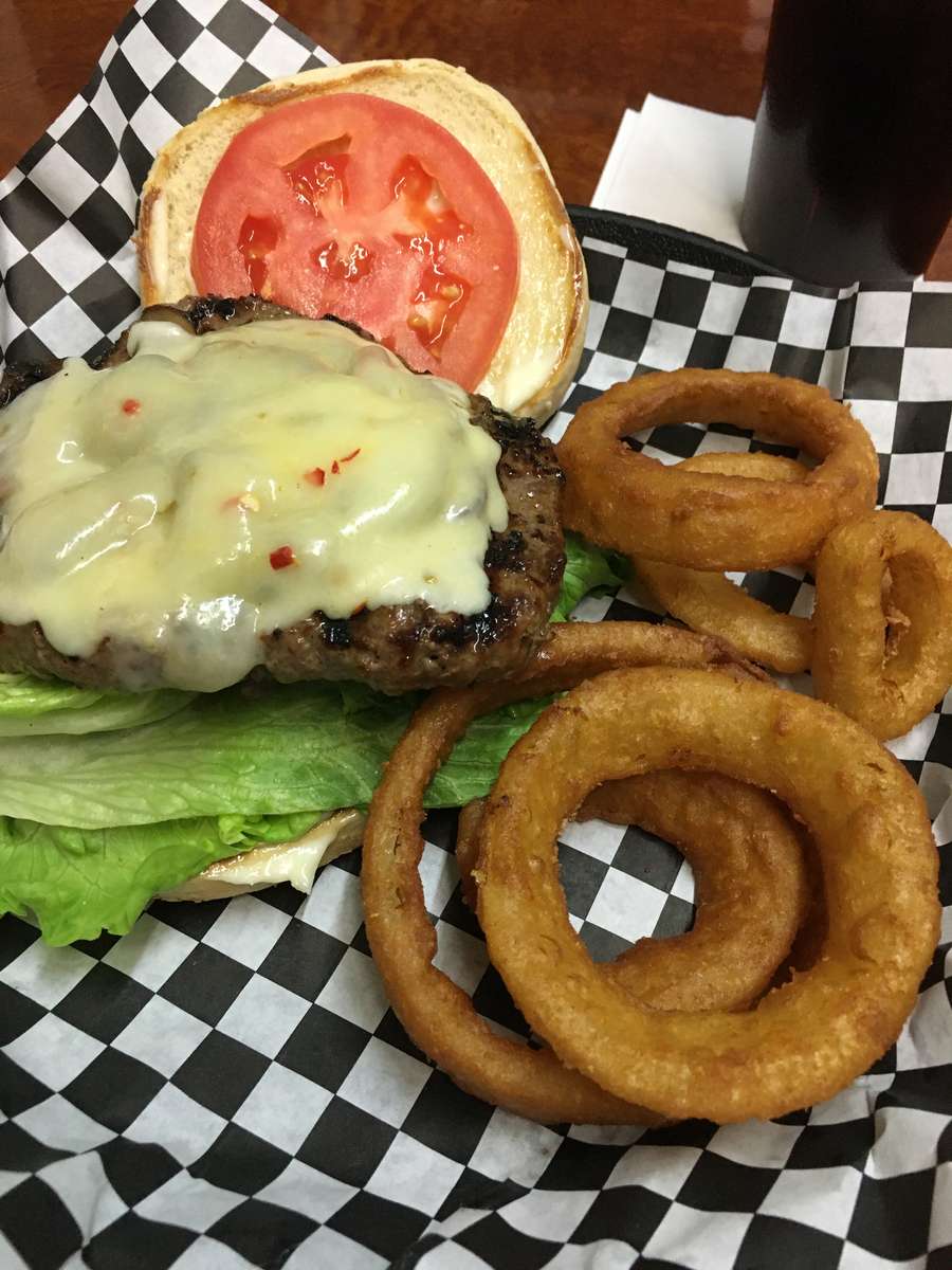 Burger with onion rings