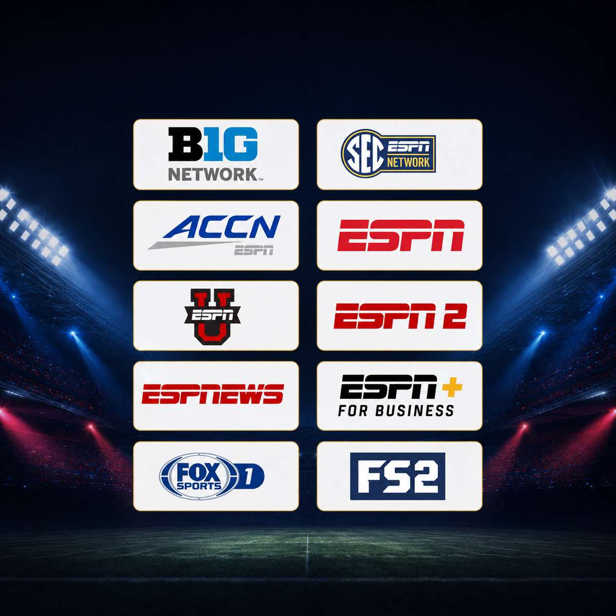College football networks available at CAPS Sports Grill including Big Ten Network, SEC Network, ACC Network, ESPN and ESPN+ for Business