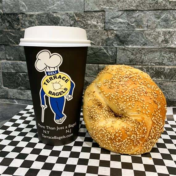 sesame bagel and a coffee