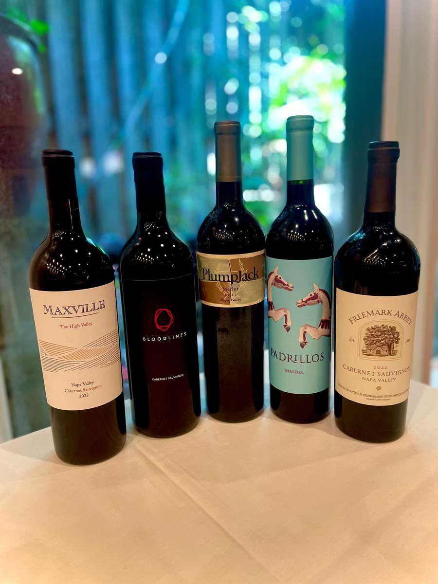 5 red wine bottles