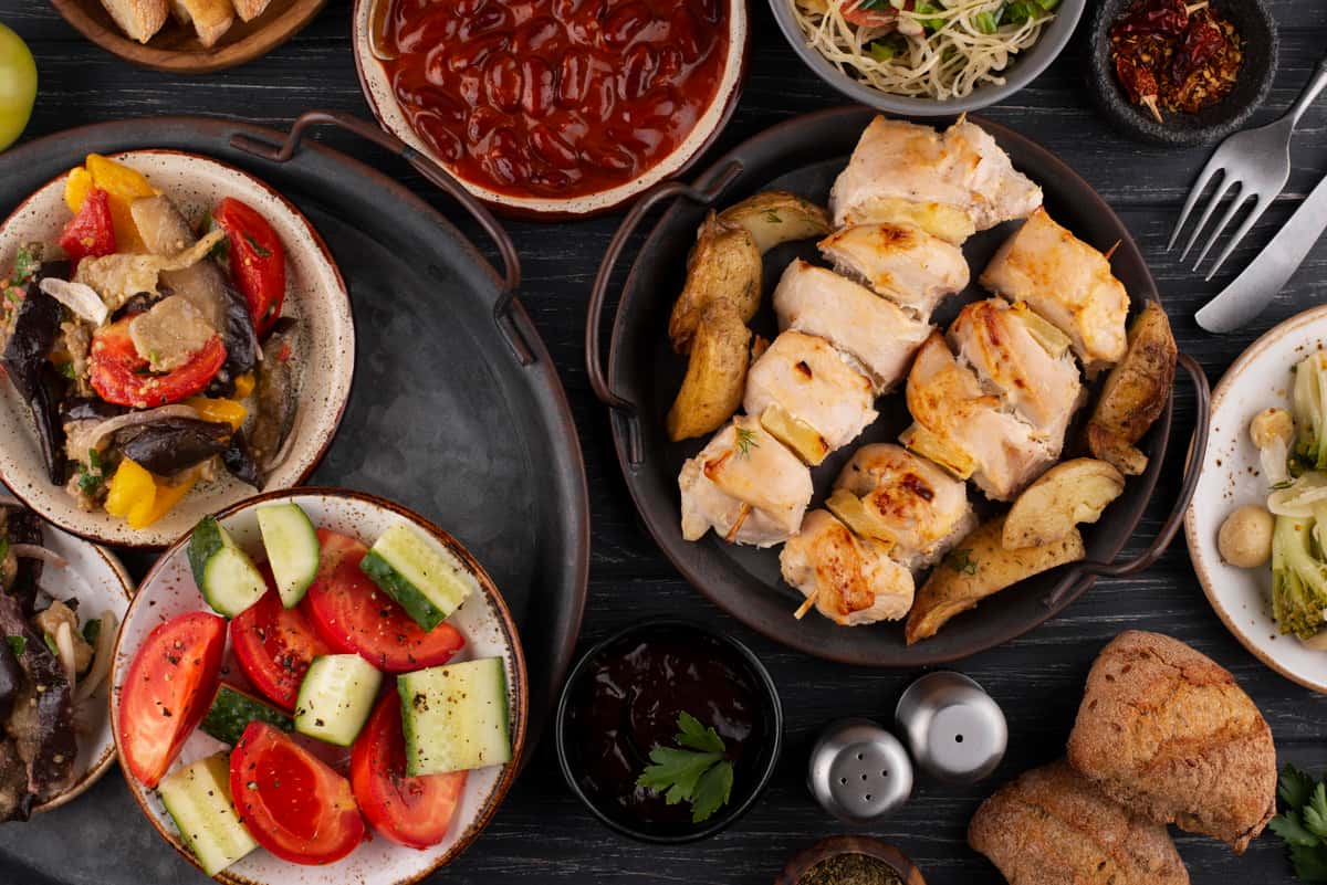 flat lay table full delicious food
