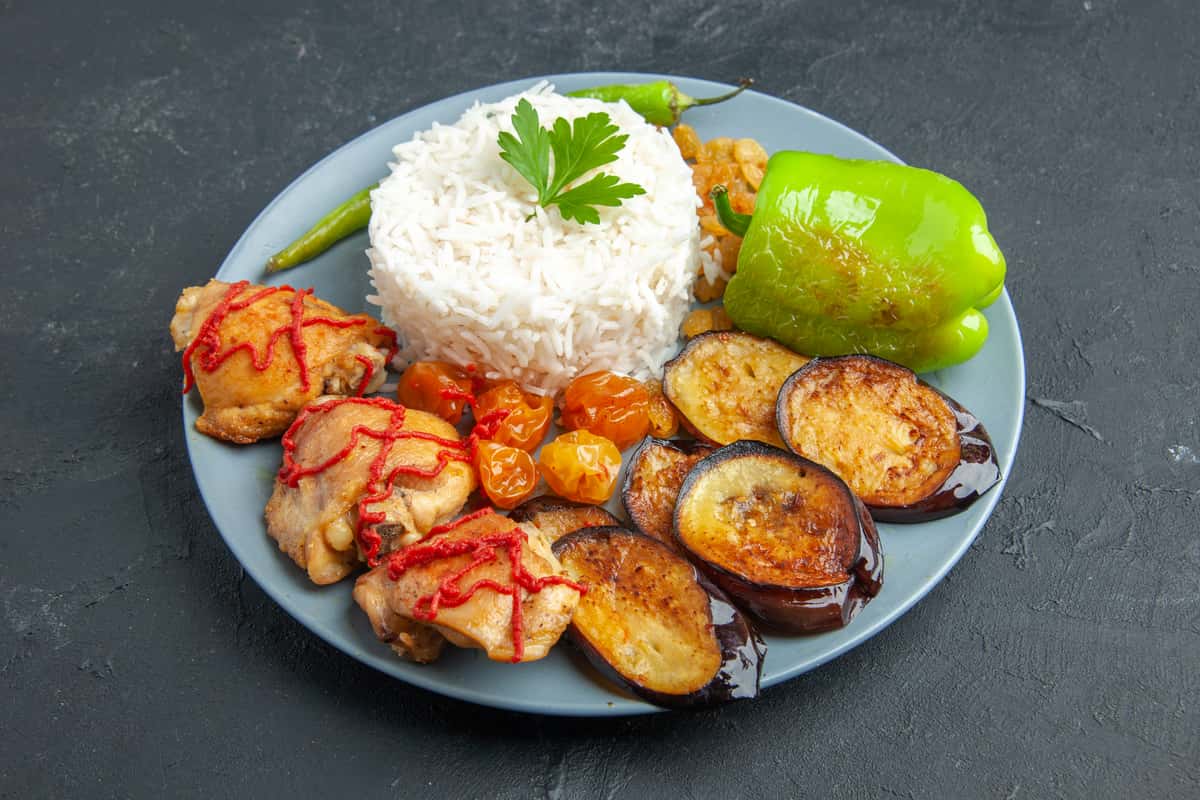 tasty fried eggplants with meat cooked rice
