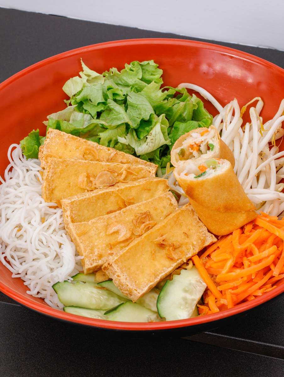 tofu, spring roll, moodles and veggies