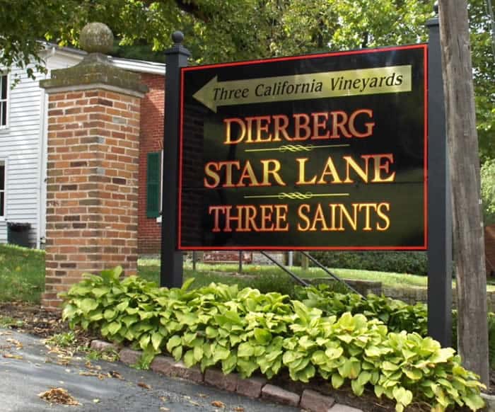 sign reads three california vineyards dierberg star lane three saints