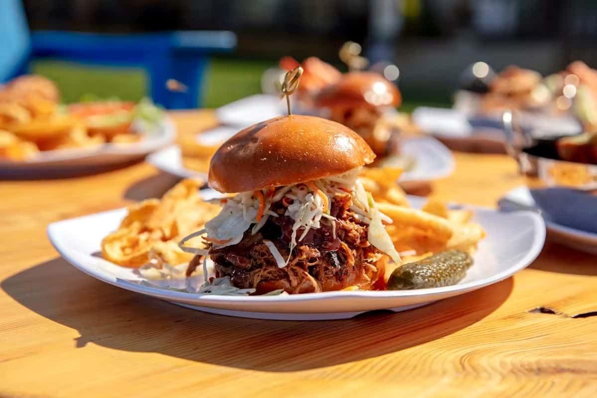 Pulled pork sandwich with slaw, served with fries and a pickle on a white plate outdoors on a sunny wooden table.